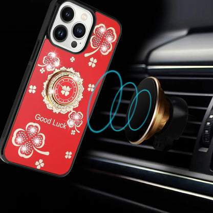 For Samsung Galaxy Z Fold 7 Diamonds 3D Fashion Floral Bling Sparkly Glitter Ornaments Engraving Hybrid with Ring Stand Case Cover Red Good Luck Floral