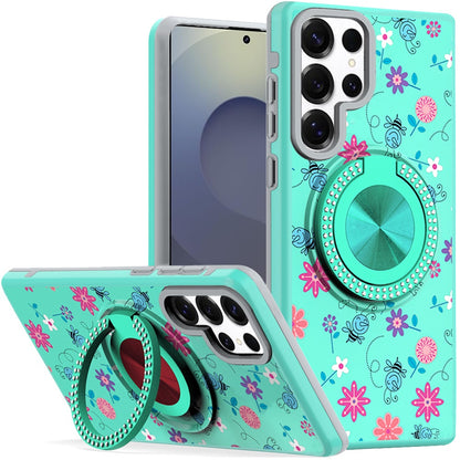 For Samsung Galaxy S25 Ultra Pattern Design Hybrid with Invisible Ring Stand & Magnetic Back, Shockproof Protective Grip Case Cover