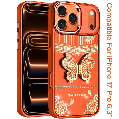 For Apple iPhone 17 Pro (6.3") Glitter 3D Butterfly Design Bling Metallic Edge Hybrid Stand Drop Protection TPU Shockproof Case Cover