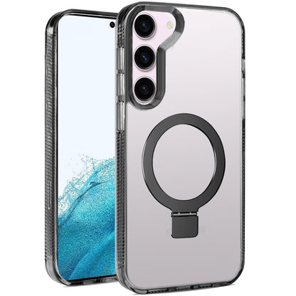 For Samsung Galaxy S22+ Plus 5G Transparent Magnetic Ring Circle Stand with MagSafe Compatible Hybrid Dotted Edged Hard PC Shockproof Case Cover Black