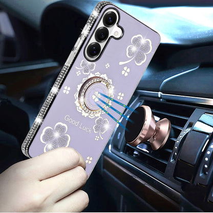 For Samsung Galaxy S25 FE, S25 Fan Edition Diamonds Bling All Around Edges Sparkly Glitter Hybrid with Ring Stand Holder Fashion Good Luck Case Cover