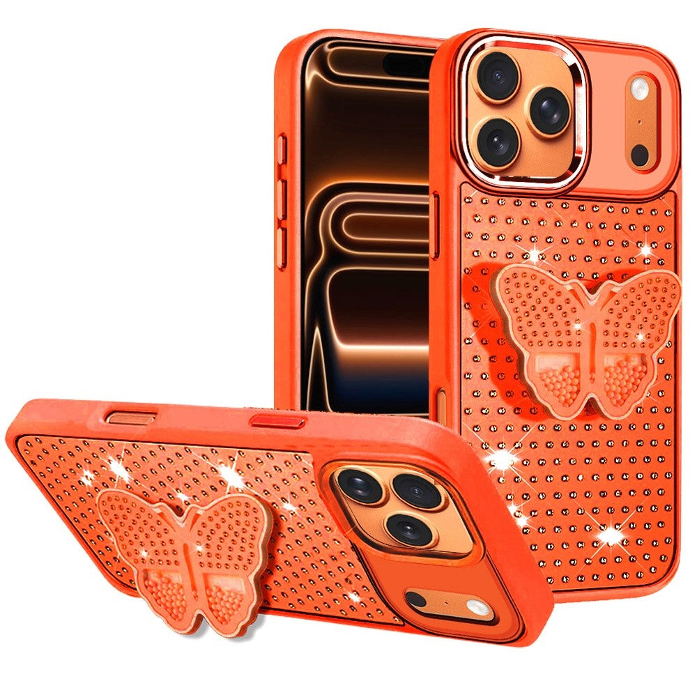 Phone Case for Apple iPhone 17 Pro Max (6.9") Butterfly Grip Pop Stand Diamond Sparkle Hybrid Shockproof Metal Button Slim Protective Grip Decorative Design Cover Cosmic Orange