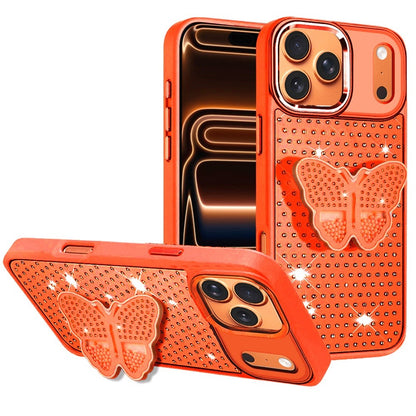 Phone Case for Apple iPhone 17 Pro Max (6.9") Butterfly Grip Pop Stand Diamond Sparkle Hybrid Shockproof Metal Button Slim Protective Grip Decorative Design Cover Cosmic Orange