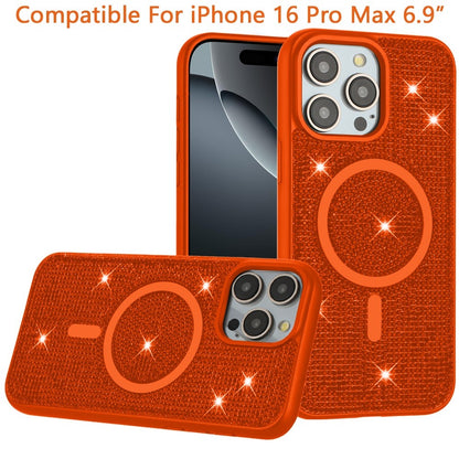 Phone Case for Apple iPhone 16 Pro Max Magnetic Bling Diamond Sparkle Hybrid Shockproof Rugged Grip Durable Protection Anti-Slip Armor Design Cover Cosmic Orange