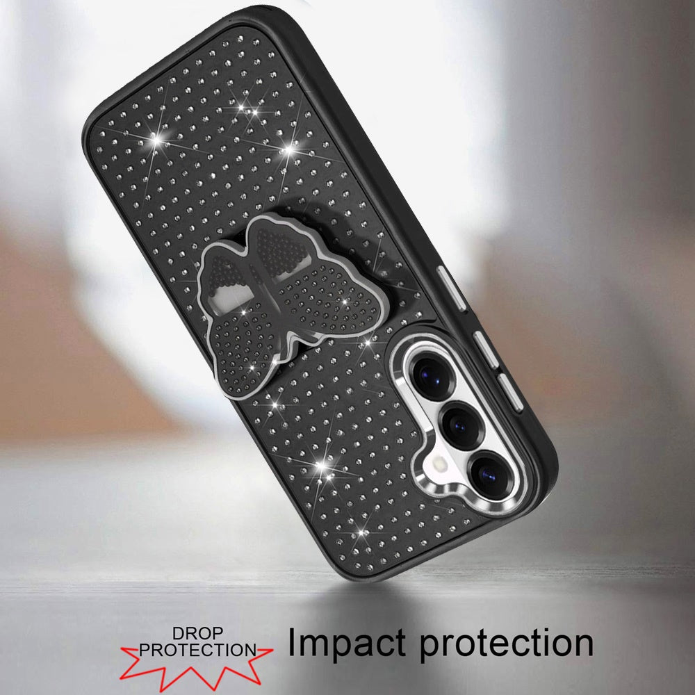 For Samsung Galaxy S26 Butterfly Moveable Grip 3D Pop Stand Full Diamond Bling Sparkling TPU Fashion Hybrid Case Cover