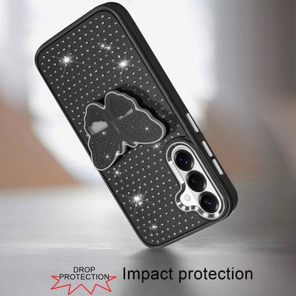For Samsung Galaxy S26 Butterfly Moveable Grip 3D Pop Stand Full Diamond Bling Sparkling TPU Fashion Hybrid Case Cover