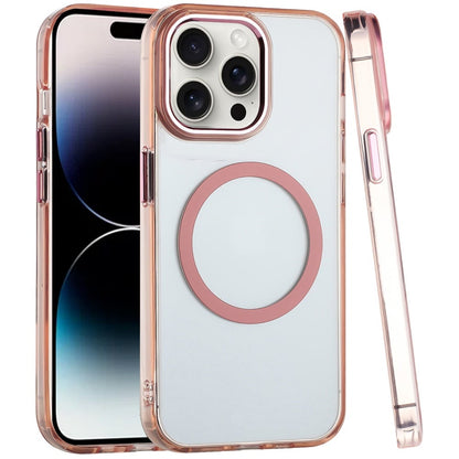 For iPhone 14 Pro Max (6.7") Transparent Back Hybrid Case - Magnetic Circle, Color Frame, Metal Buttons, MagSafe Compatible Case Cover