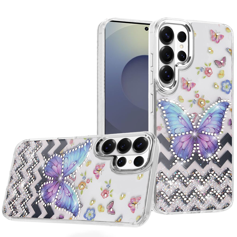 For Samsung Galaxy A57 Butterfly Resin Epoxy Diamond Design Metal Edged Hybrid Shockproof Heavy Duty Drop Protection Case Cover