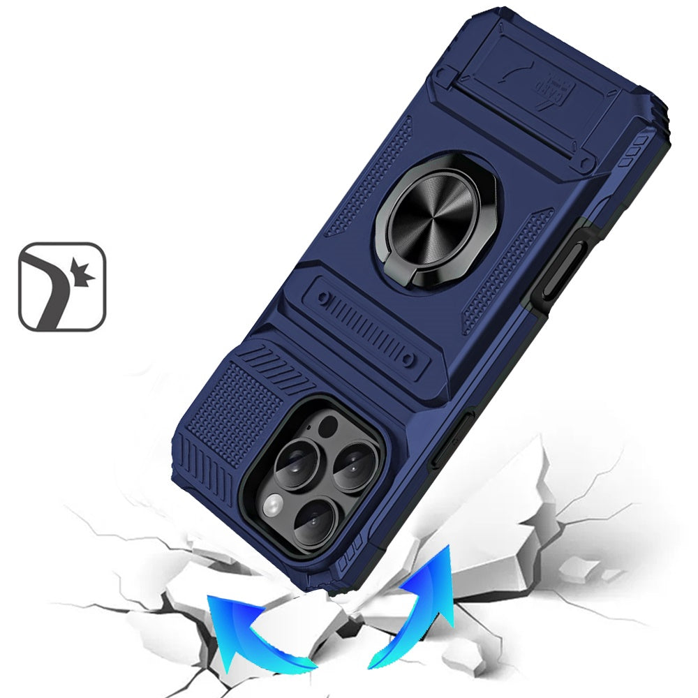 Phone Case for Apple iPhone 16 Pro Max Multi Functional Card Slot Shockproof Metal Ring Hybrid Wallet Rugged Protective Grip Heavy Duty Durable Cover Blue