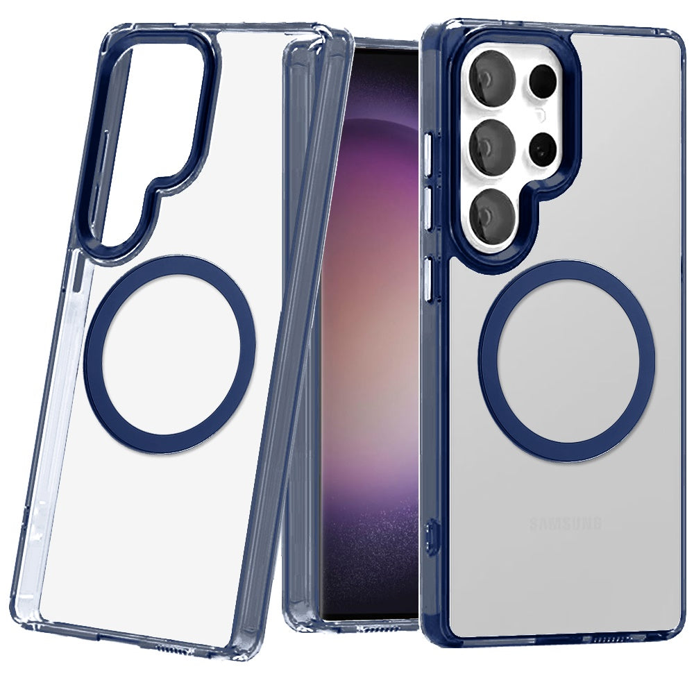 For Samsung Galaxy S23 Ultra Transparent Back Hybrid Case - Magnetic Circle, Color Frame, Metal Buttons, MagSafe Compatible Case Cover