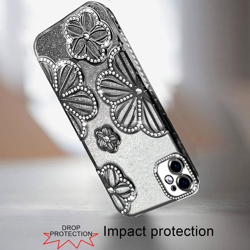 For Apple iPhone 11 Luxury Flower Design Sparkle Glitter Diamond Rhinestone Shimmer Bling Plating Thick TPU Hard PC Case Cover