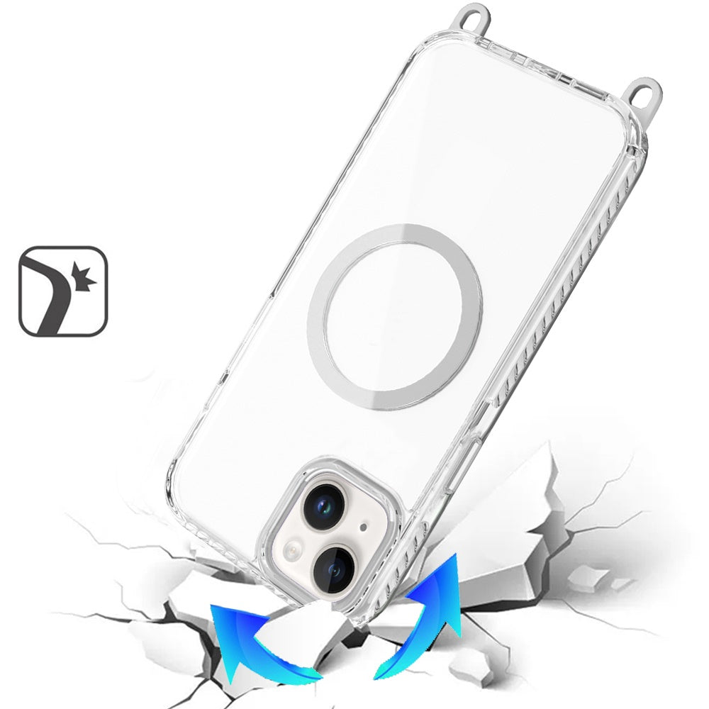 For iPhone 14/13 (6.1") Clear Magnetic Frame PC Back Shockproof Protective Case with Detachable Lanyard Strap, Compatible with MagSafe Case Cover Cosmic Orange