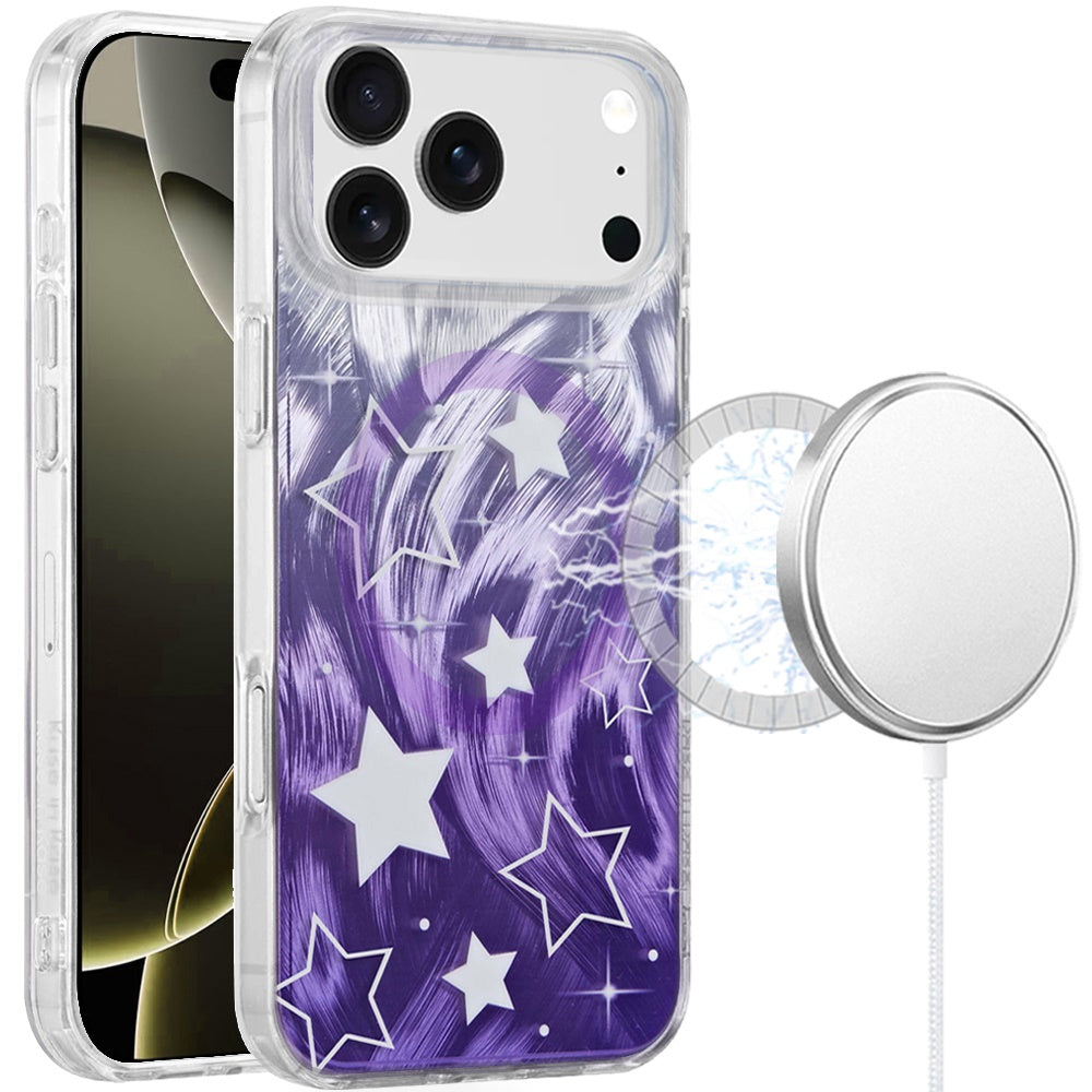 For Apple iPhone 17 Pro Max Stylish Pattern Fashion IMD Printed Design TPU Double Layer Slim Shockproof with Magnetic Back Case Cover Gradient Purple Star