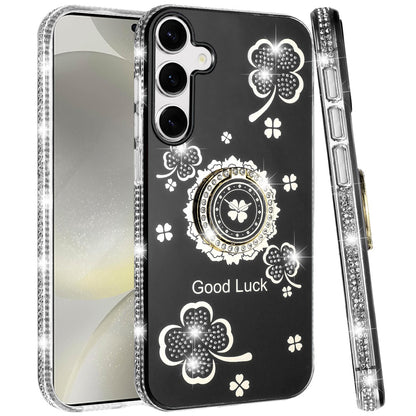 For Samsung Galaxy S25+ /S25 Plus /S24+ Plus Diamonds Bling All Around Edges Sparkly Glitter Hybrid with Ring Stand Holder Fashion Good Luck Case Cover