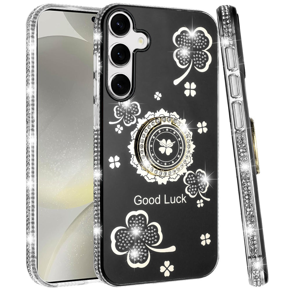 For Samsung Galaxy S25 /S24 Diamonds Bling All Around Edges Sparkly Glitter Hybrid with Ring Stand Holder Fashion Good Luck Case Cover
