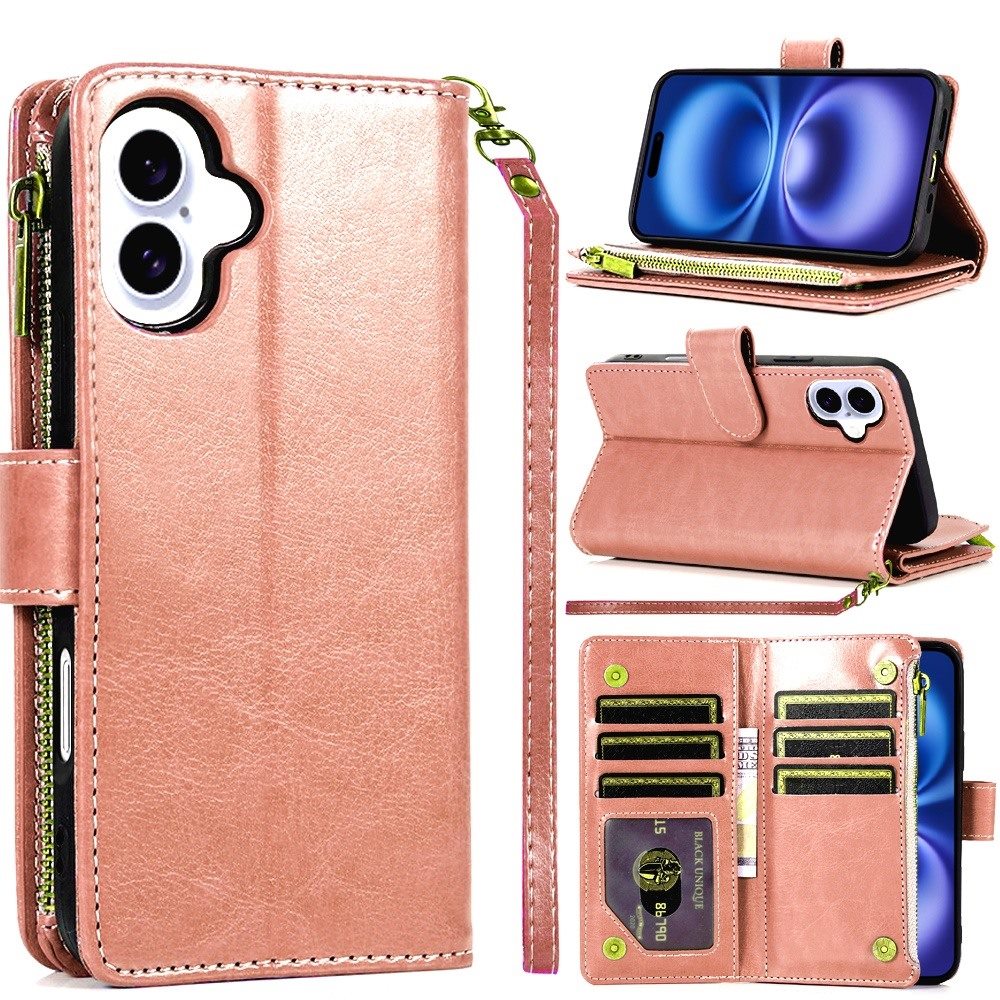 For Apple iPhone 17 (6.3") Leather Wallet Case with Zipper, 9 Card Slots, Cash Pocket, Stand & Strap, Clutch Pouch Design Case Cover