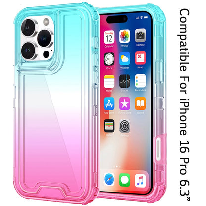 For Apple iPhone 16 Pro (6.3") Hybrid 3in1 Clear Two Color Tone Transparent Shockproof Rubber TPU + Hard Protective Frame Case Cover Blue Teal + Pink