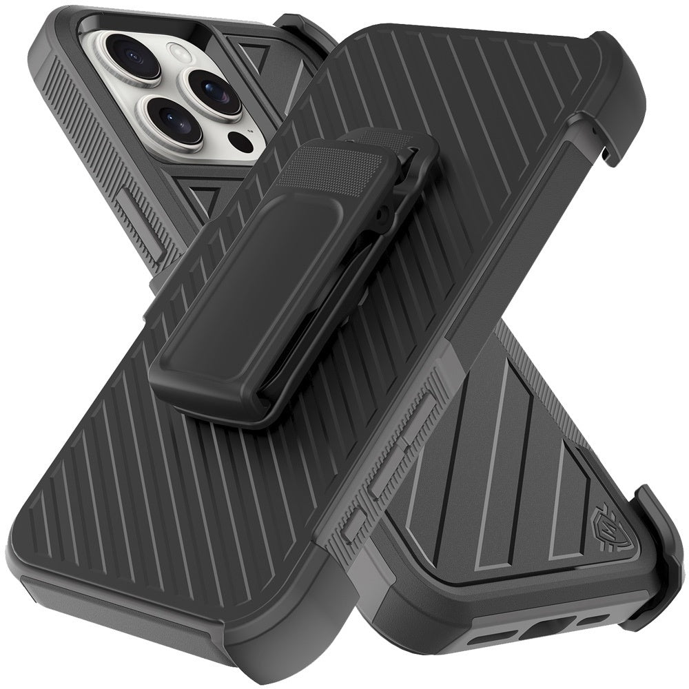 For Apple iPhone 16 Pro Max (6.9") Premium Design Hybrid lined with Belt Clip Holster Shockproof Rugged Textured 2in1 Non Slip Tough Case Cover Gray