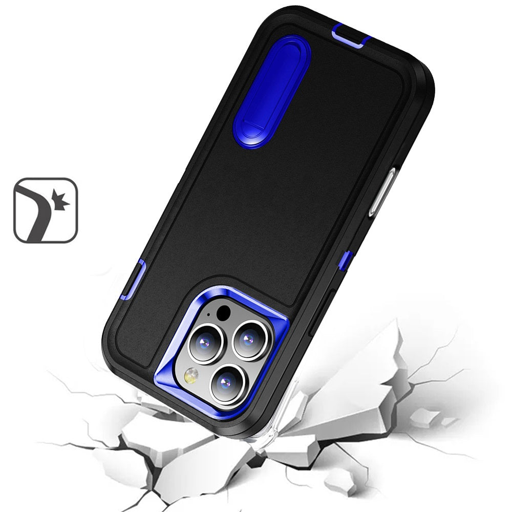 For Apple iPhone 16 Pro Hybrid 3 Layers Hard 3in1 Shockproof with Kickstand Heavy Duty Hard TPU Rubber Anti-Drop Case Cover Black +Black