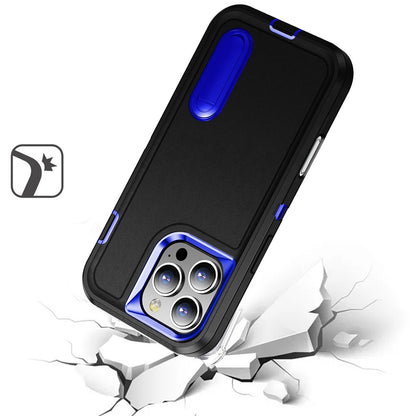 For Apple iPhone 16 Pro Hybrid 3 Layers Hard 3in1 Shockproof with Kickstand Heavy Duty Hard TPU Rubber Anti-Drop Case Cover Black +Black