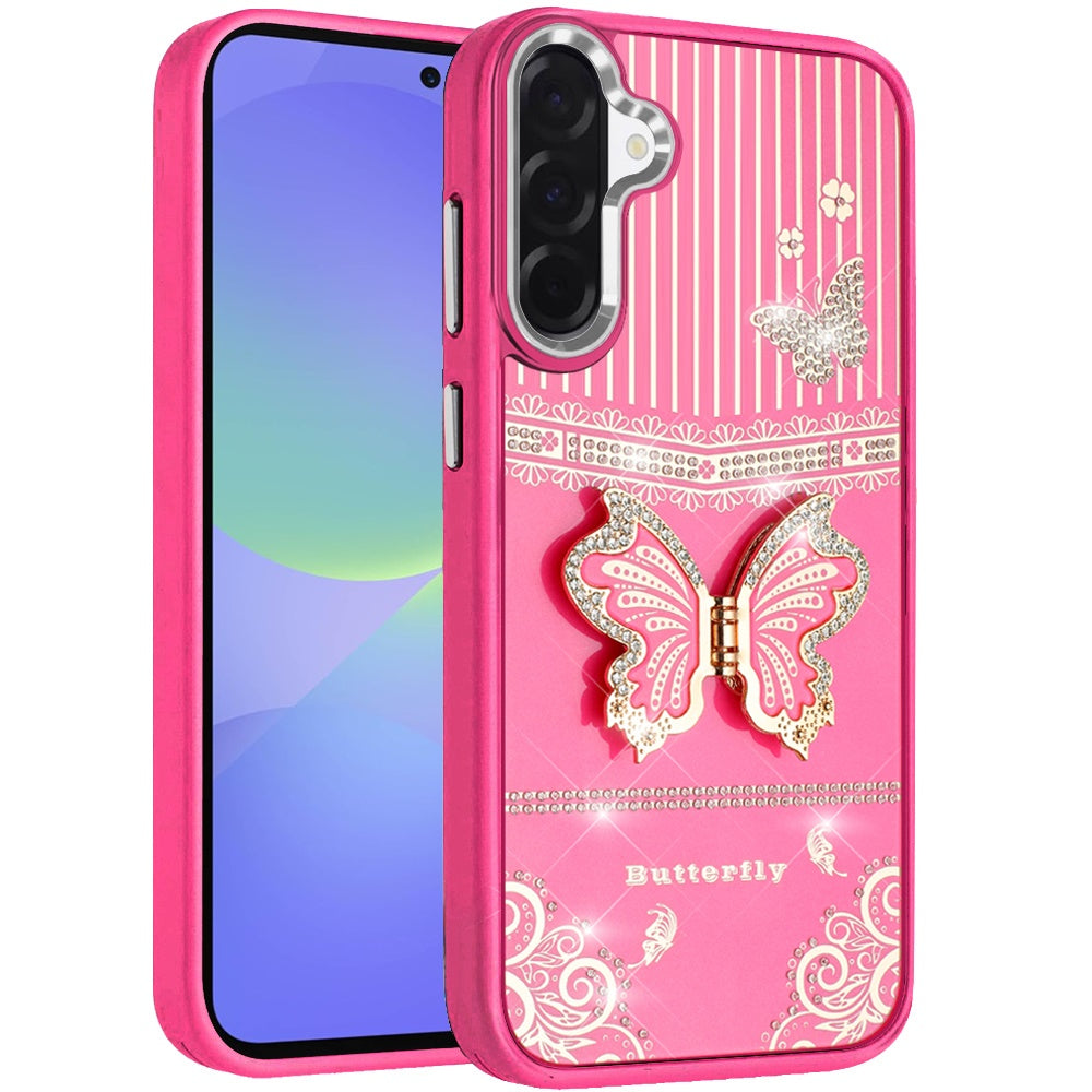 For Samsung Galaxy A37 Glitter 3D Butterfly Design Bling Metallic Edge Hybrid Stand Drop Protection TPU Shockproof Case Cover