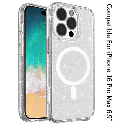 For Apple iPhone 16 Pro Max (6.9") MagSafe Compatible Glitter Shiny Sparkle Bling TPU Rubber Hard PC Back Hybrid Frame Case Cover