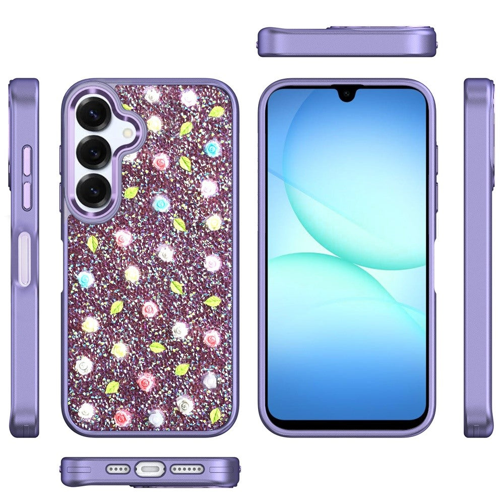 For Samsung Galaxy A17 5G Floral Design Embedded Glass Diamond Fancy Fashion Glitter Bling Sparkly Hybrid Rugged TPU Bumper Case Cover