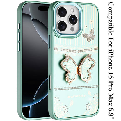For iPhone 16 Pro Max (6.9") Glitter 3D Butterfly Design Bling Metallic Edge Hybrid Stand Drop Protection TPU Shockproof Protector