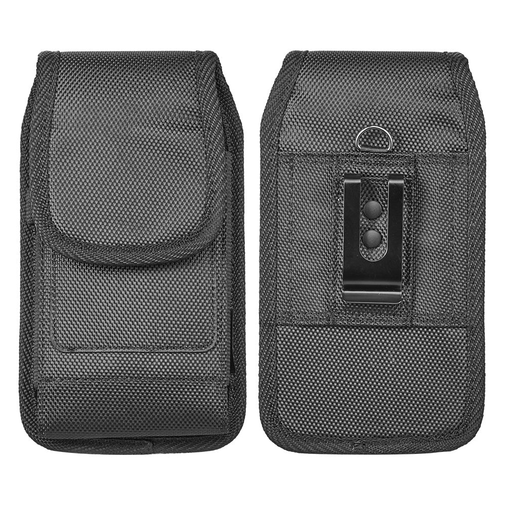 For Apple iPhone 16 (6.1") Universal Nylon Pouch Case Vertical Phone Holster with Dual Card Slots, Pen Holder, Belt Clip Loop & Hook Cover [Black]