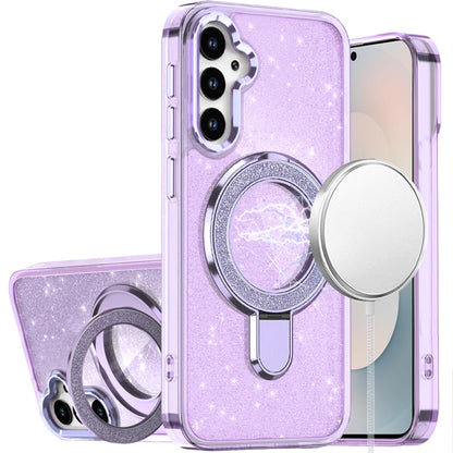For Samsung Galaxy S25 FE /S25 Fan Edition Transparent Glitter Bling Case with Rotating Magnetic Ring Stand, Shockproof Hybrid Case Cover Clear