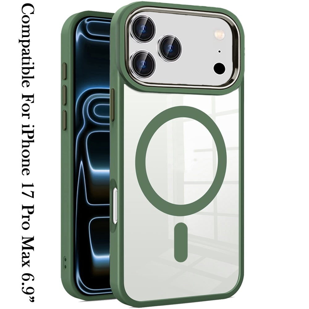 For Apple iPhone 17 Pro Max (6.9") MagSafe Compatible Transparent Greatest Clear Acrylic with Color Frame Thick Hybrid TPU Hard Case Cover Midnight Green