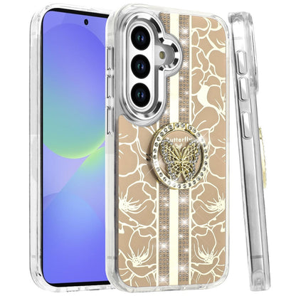 For Samsung Galaxy A36 Diamonds 3D Butterfly Floral Design Bling Sparkly Glitter Hybrid Metal Fashion with Ring Stand Case Cover