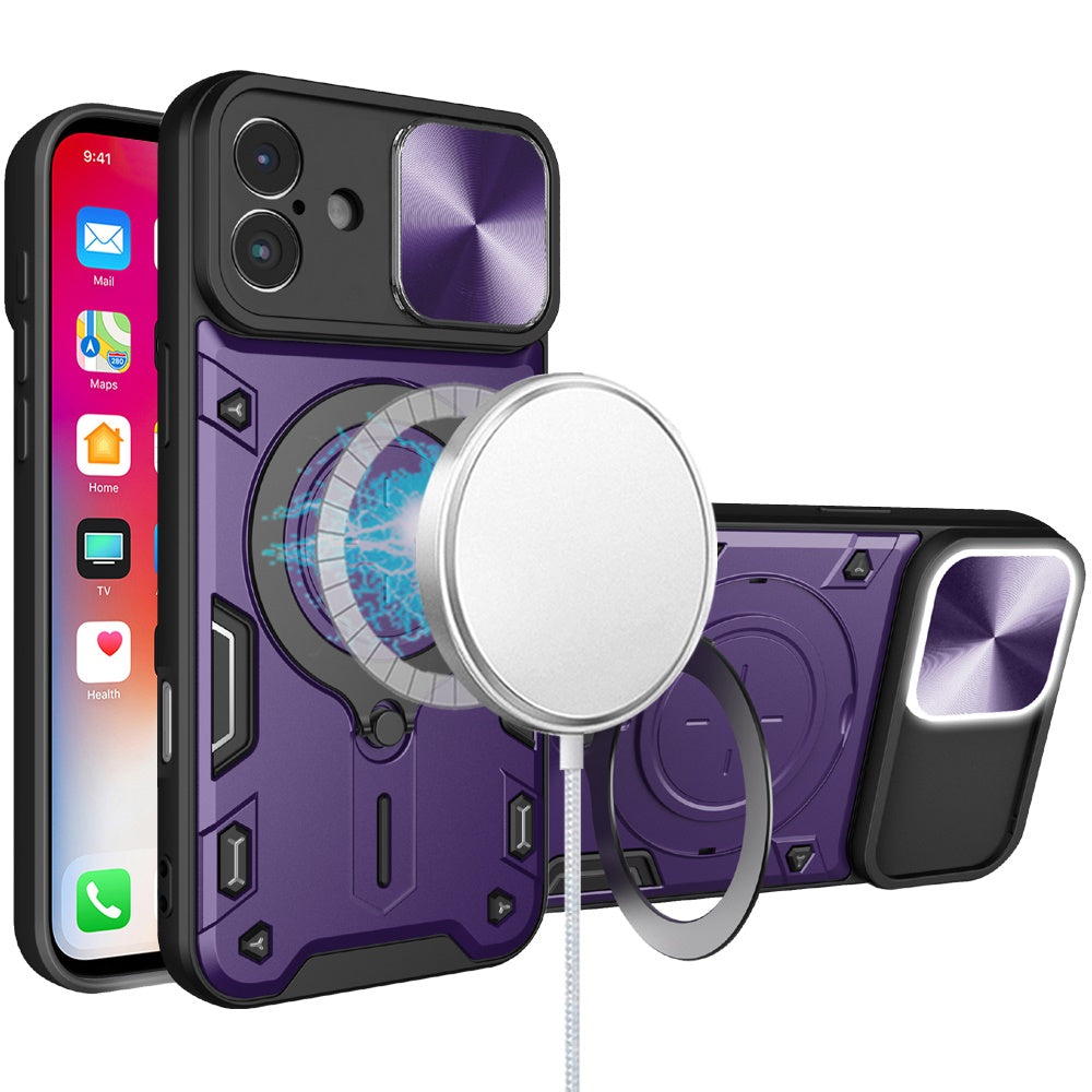 For iPhone 16 (6.1") Hybrid Magnetic 360° Ring Kickstand, MagSafe Compatible, Durable Full Camera Lens Protection Case Cover Dark Purple