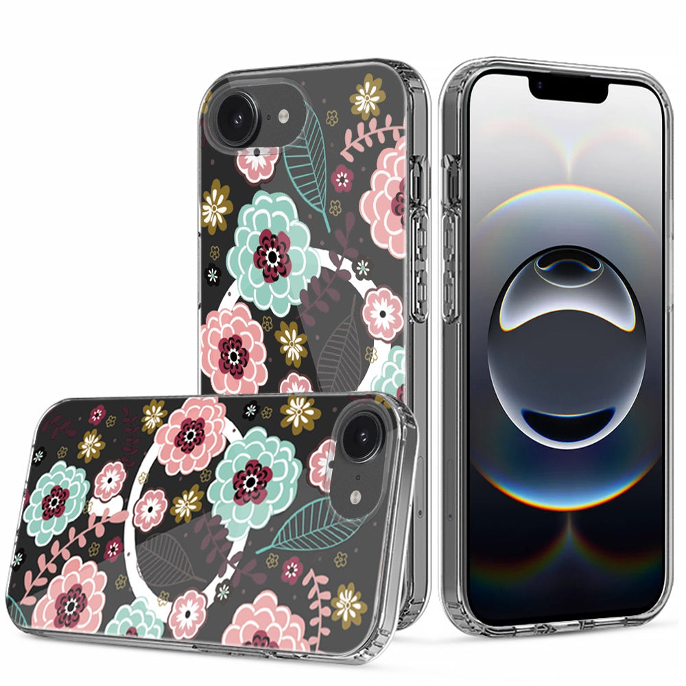 For Apple iPhone 16e Hybrid Flower Design Stylish Fashion Case, MagSafe Compatible, Thick Shockproof Hard PC Case Cover
