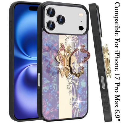 For Apple iPhone 17 Pro Max (6.9") Diamonds 3D Fashion Bling Sparkly Glitter Ornaments Engraving Hybrid with Ring Stand Case Cover