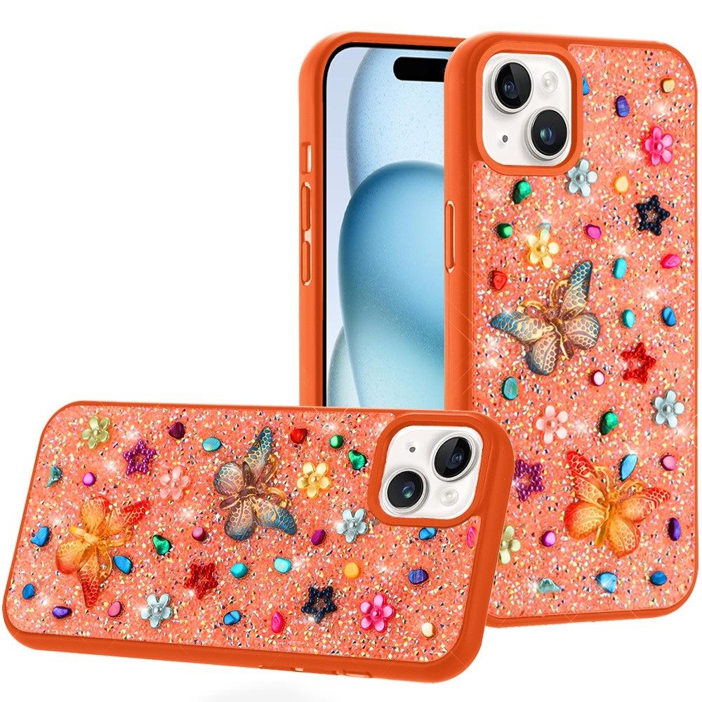 Phone Case for iPhone 15 Plus (6.7") 3D Butterfly Diamond Bling Glitter Shockproof Stylish Protective Luxury Hybrid Sparkly Durable Grip Design Cover Cosmic Orange