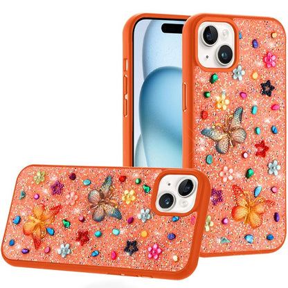 Phone Case for iPhone 15 Plus (6.7") 3D Butterfly Diamond Bling Glitter Shockproof Stylish Protective Luxury Hybrid Sparkly Durable Grip Design Cover Cosmic Orange