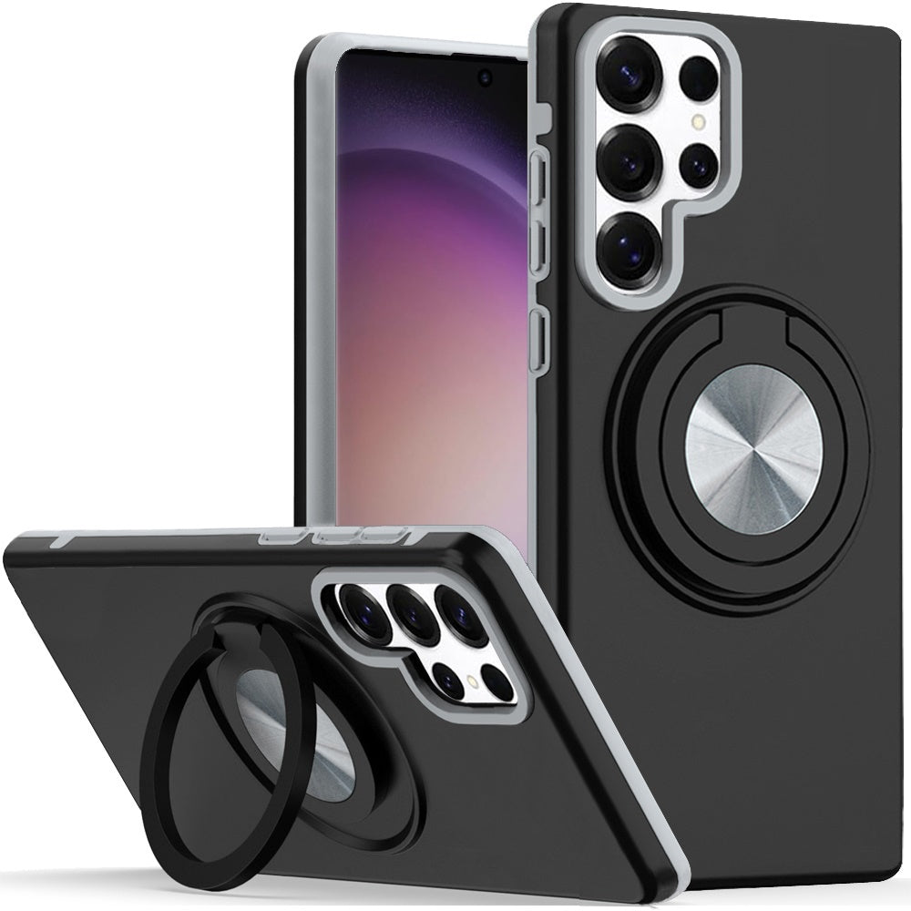 For Samsung Galaxy S25 Ultra Metal Matte Hybrid with Invisible Rotational Ring Stand, Car Mount Friendly, Military Grade Slim Fit Sturdy Case Cover Cosmic Orange