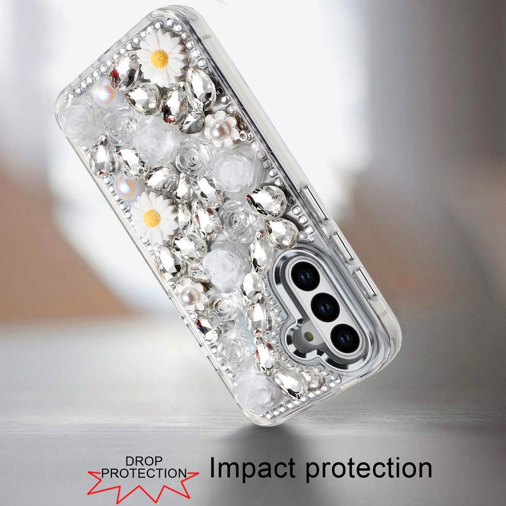 For Samsung Galaxy A36 Fashion Daisy Floral Series, Full 3D Bling Crystal Diamonds Sparkling Rhinestone Glitter Hybrid Design Case Cover Silver