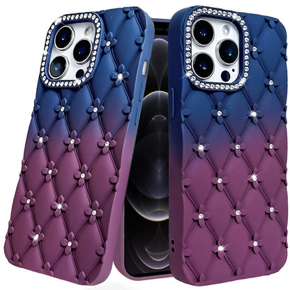 For Apple iPhone 12 Pro Max Fashion Flower Design Sparkle Glitter Shimmer Rhinestone Bling Floral Accents, Leather Texture TPU Case Cover