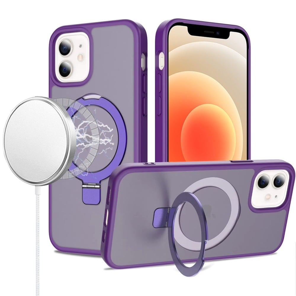 For iPhone 12 / iPhone 12 Pro (6.1") Magnetic Circle Back with Ring Stand Full Rotation Matte Hybrid Shockproof Case Cover Cosmic Orange