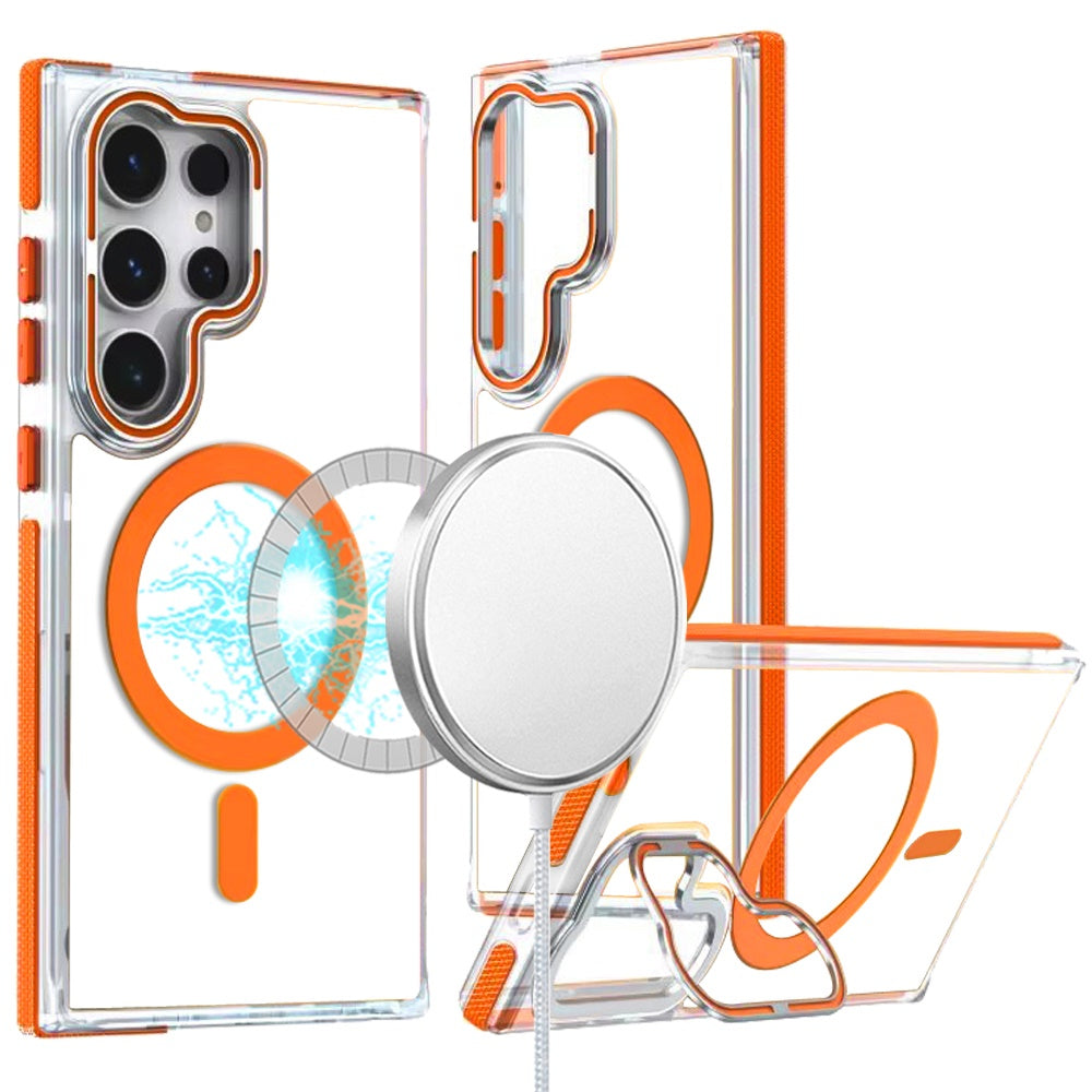 For Samsung Galaxy S25 Ultra Hybrid Clear Back Case with Invisible Camera Bracket Stand, MagSafe Magnetic Circle, Shockproof Color Frame Case Cover