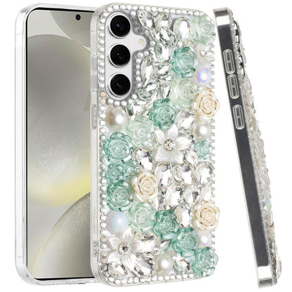 For Samsung Galaxy S25 /S24 Fashion Rose Flower Floral, 3D Bling Crystal Full Diamonds Pearl Sparkle Rhinestone Glitter Hybrid Case Cover