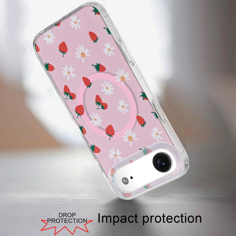 For Apple iPhone 17 Pro Max Stylish Pattern Fashion IMD Printed Design TPU Double Layer Slim Shockproof with Magnetic Back Case Cover Strawberry Daisy