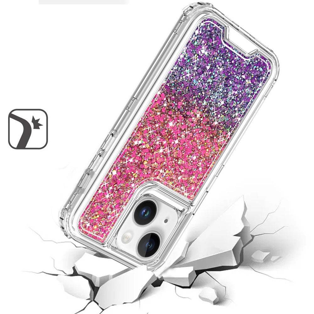 For Samsung Galaxy A16 5G Epoxy Bling Glitter Sparkly 3in1 Shockproof Transparent Hybrid Shockproof Full Body PC Bumper Case Cover Hot Pink + Purple