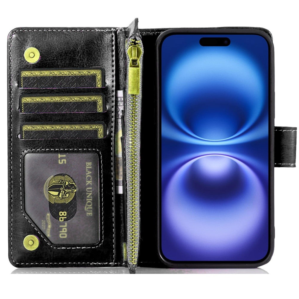 For Apple iPhone 17 (6.3") Leather Wallet Case with Zipper, 9 Card Slots, Cash Pocket, Stand & Strap, Clutch Pouch Design Case Cover