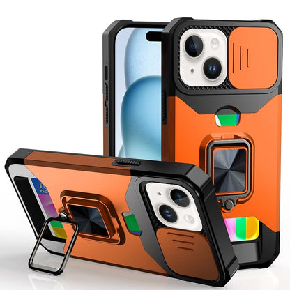 For iPhone 15 Plus (6.7") Wallet Case with Ring Stand & Slide Camera Cover Back Credit Card Slot Holder, Military Grade Case Cover Cosmic Orange