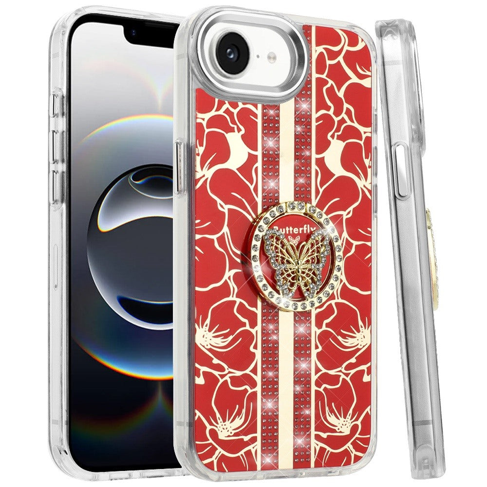 For Apple iPhone 16e Diamonds 3D Butterfly Floral Design Bling Sparkly Glitter Hybrid Metal Fashion with Ring Stand Case Cover