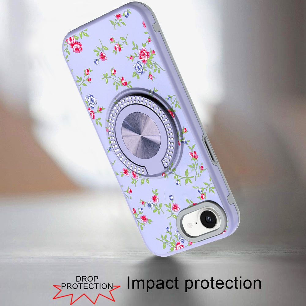 For Apple iPhone 16e Pattern Design Hybrid with Invisible Ring Stand & Magnetic Back, Shockproof Protective Grip Case Cover Purple Spring Floral
