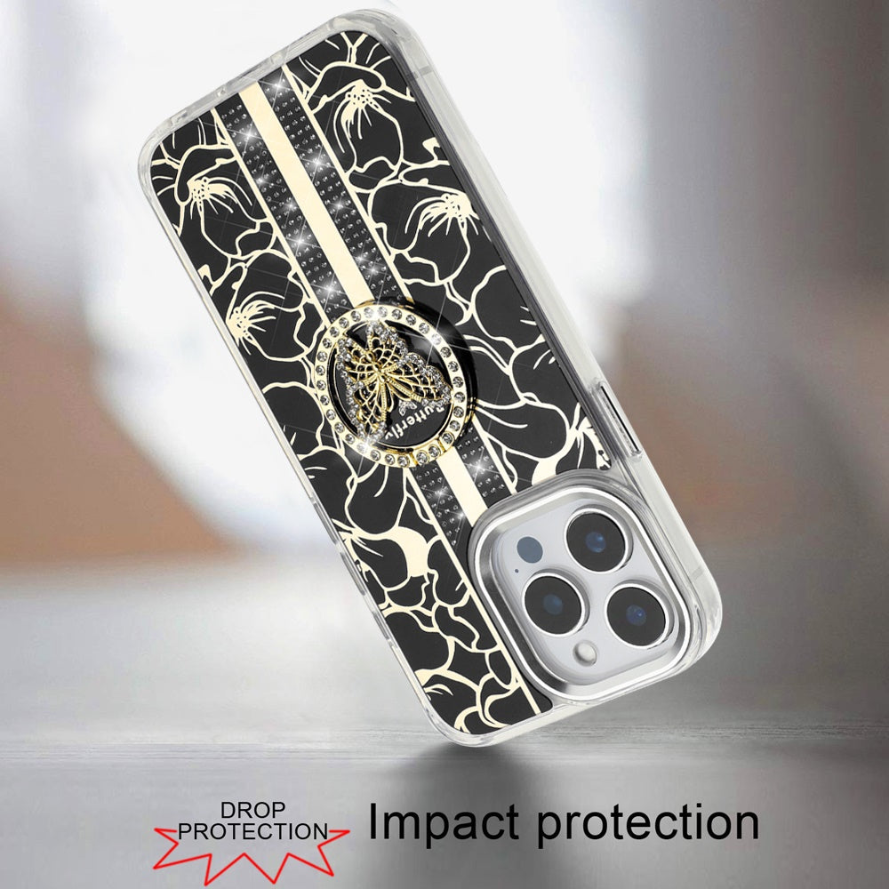 For Apple iPhone 13 Pro Max Floral Design Embedded Glass Diamond Fancy Fashion Glitter Bling Sparkly Hybrid Rugged TPU Bumper Case Cover